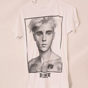 White Graphic T-Shirt with Justin Bieber Printnew With Tags